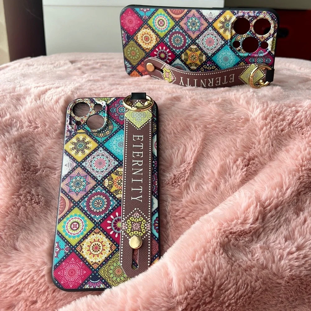 For iPhone 14 plus,14 pro max phone case with wrist strap kickstand keychain
